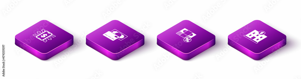 Set Isometric Smartphone with dollar, Credit card, Money percent and Bank building icon. Vector