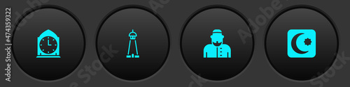 Set Clock, Mosque tower or minaret, Muslim man and Star and crescent icon. Vector