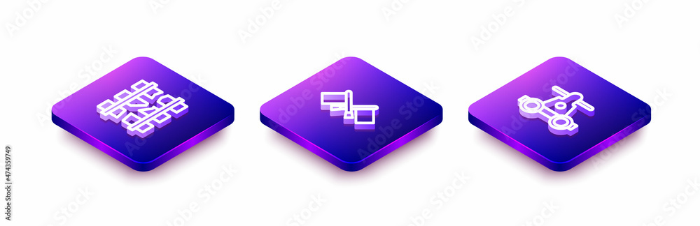 Set Isometric line Broken or cracked railway, Flag and Handcar transportation icon. Vector Set Isometric line Broken or cracked railway, Flag and Handcar transportation icon. Vector
