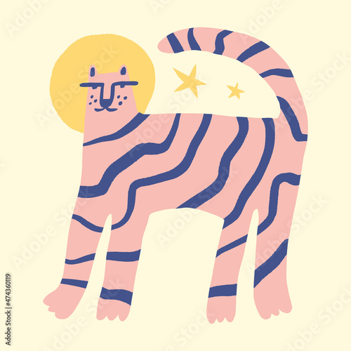 Asian tiger wild animal childish cartoon boho illustration naive funky handdrawn style art vector