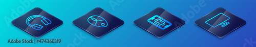 Set Isometric line Mobile gaming, Headphones, Computer monitor and mouse icon. Vector