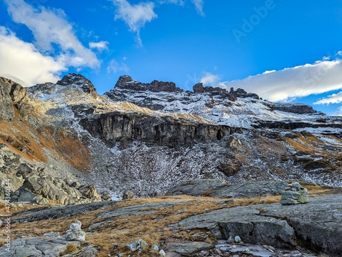 beautiful view of the snow-covered mountain charpf in the canton Glarus. SAC Leglerhutte,hiking in autumn. Elm,landscape