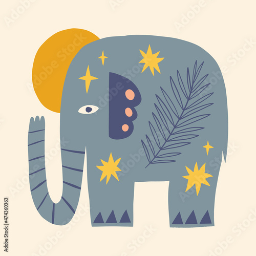 Blue elephant childish cartoon groovy boho illustration naive funky handdrawn style art vector