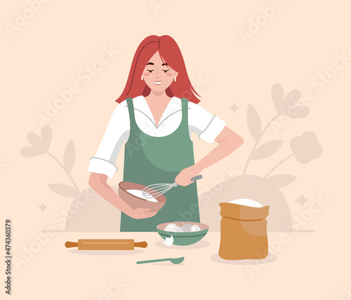 Vector illustration of young woman who is cooking. Girl using  a whisk to mix ingredients. Baking ingredients: flour, rolling pin, whisk, eggs. 