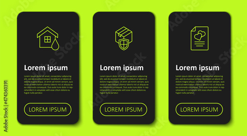 Set line House flood, Delivery security with shield and Marriage contract. Business infographic template. Vector