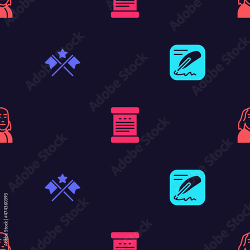 Set Declaration of independence, American flag, and Benjamin Franklin on seamless pattern. Vector