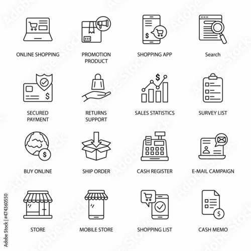 Online Shopping and E-commerce outline Icons - stroke, vector