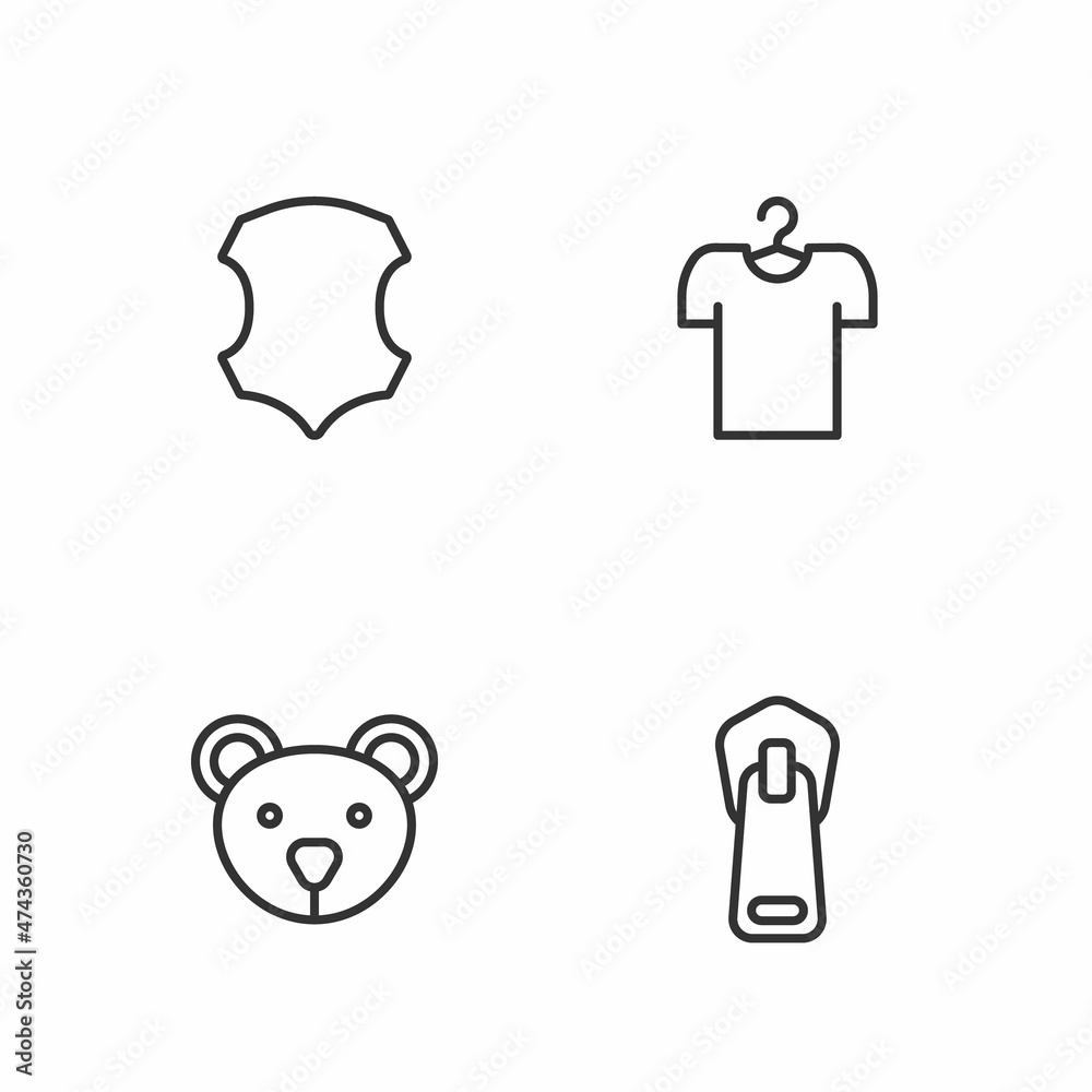 Set line Zipper, Teddy bear plush toy, Leather and T-shirt on hanger icon. Vector Set line Zipper, Teddy bear plush toy, Leather and T-shirt on hanger icon. Vector