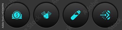 Set Ancient coin, Medieval shield with axe, Bottle potion and Magic arrow icon. Vector