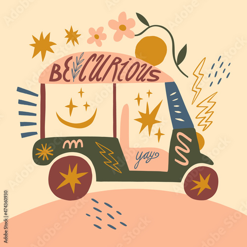 Tuk-tuk Thailand asian taxi car traditional transport city childish cartoon groovy illustration vector 