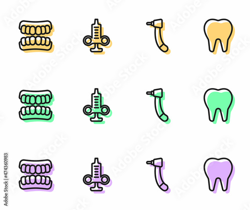 Set line Tooth drill, Dentures model, Syringe and icon. Vector