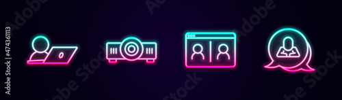 Set line Video chat conference, Movie, film, media projector, and Speech bubble. Glowing neon icon. Vector