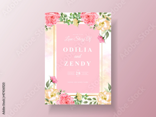 Beautiful pink and yellow flowers wedding invitation card