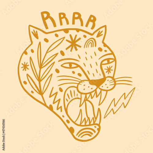 Murais de parede Roar wild cat leopard face childish cartoon groovy doodle boho illustration naiv