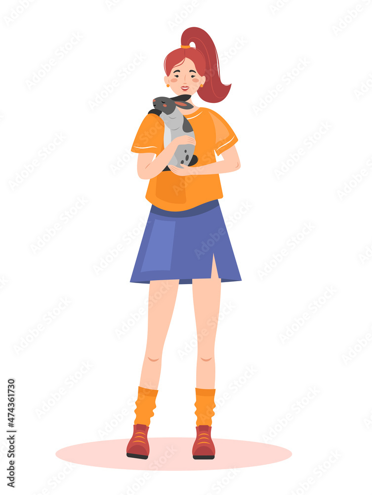 Cute girl holding gray rabbit. Happy pet owner vector illustration. Cute rabbit with his owner. Rabbit lover illustration. Cute girl holding gray rabbit. Happy pet owner vector illustration. Cute rabbit with his owner. Rabbit lover illustration.
