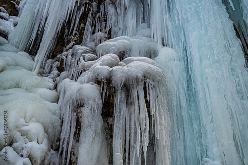 Frozen Awosting Falls, massive icicles hang from the cliffs in Minnewaska State Park in Upstate New York. USA. photo