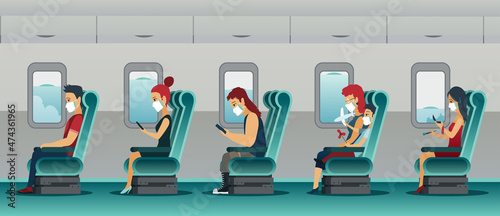 Passengers of plane wearing protective masks. Travel by airplane. Travel during coronavirus COVID-19 disease outbreak. Travel lifestyle concept after pandemic covid-19 coronavirus