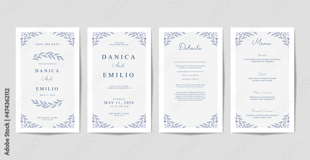 Wedding card collection template with leaves watercolor