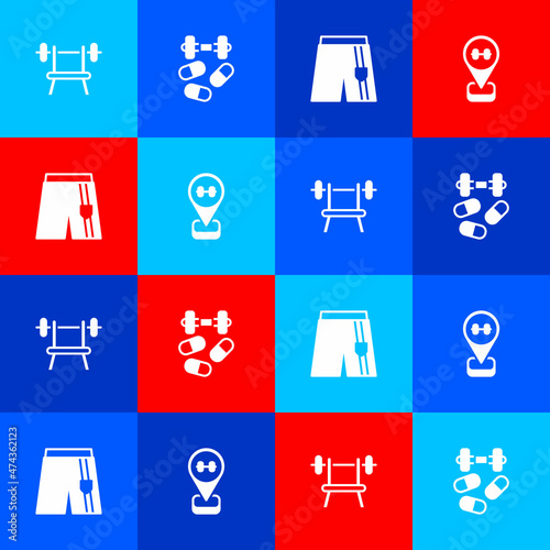 Set Bench with barbell, Sports doping dumbbell, Short pants and Location gym icon. Vector
