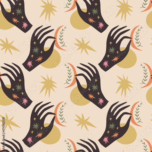 Magical boho hand art mystical Reiki meditation witchcraft sacred symbol seamless pattern vector