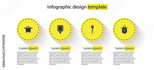 Set Cooking pot, Cutting board, Fork and Kitchen apron. Business infographic template. Vector