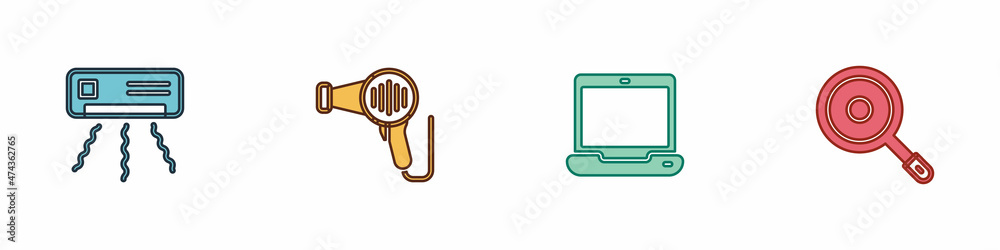 Set Air conditioner, Hair dryer, Laptop and Frying pan icon. Vector Set Air conditioner, Hair dryer, Laptop and Frying pan icon. Vector