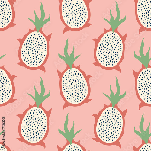 Dragon fruit Thailand asian childish cartoon groovy doodle boho illustration naive funky handdrawn style art seamless pattern vector