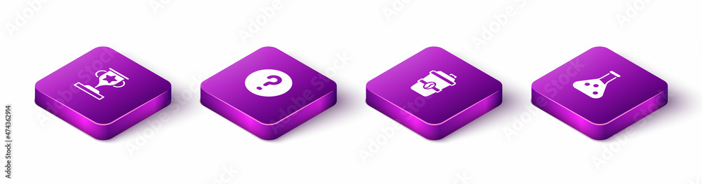 Set Isometric Award cup, Speech bubbles with Question, Coffee to go and Test tube icon. Vector Set Isometric Award cup, Speech bubbles with Question, Coffee to go and Test tube icon. Vector