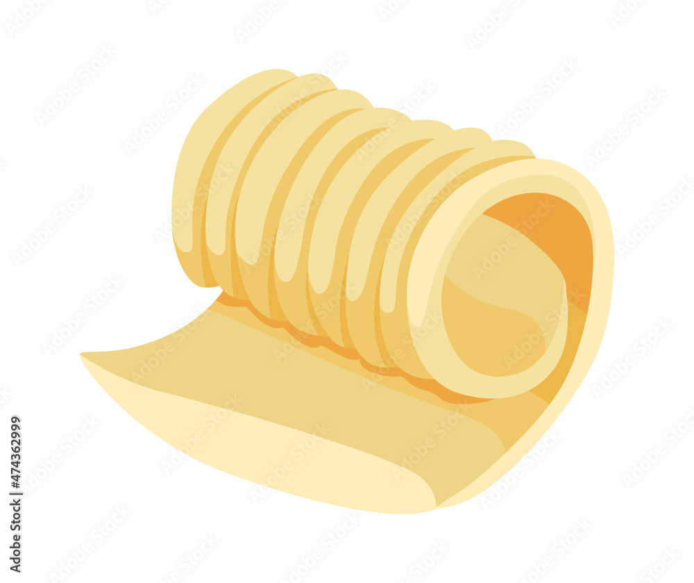 Butter, margarine or spread. Yellow curl roll of natural dairy product. Fat, calorie natural food for breakfast, eating and as ingredient for cooking Butter, margarine or spread. Yellow curl roll of natural dairy product. Fat, calorie natural food for breakfast, eating and as ingredient for cooking