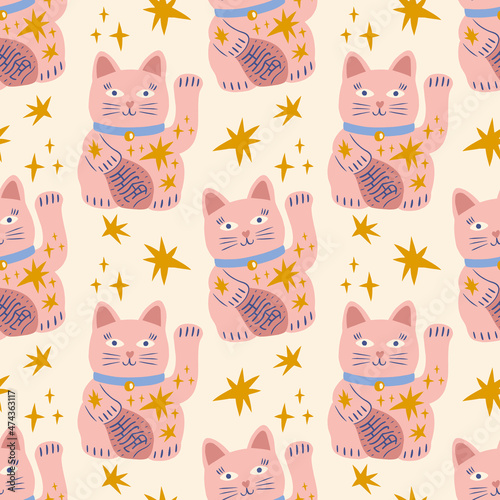 Maneki Neko traditional asian cat childish cartoon groovy doodle boho illustration naive funky handdrawn style art seamless pattern vector