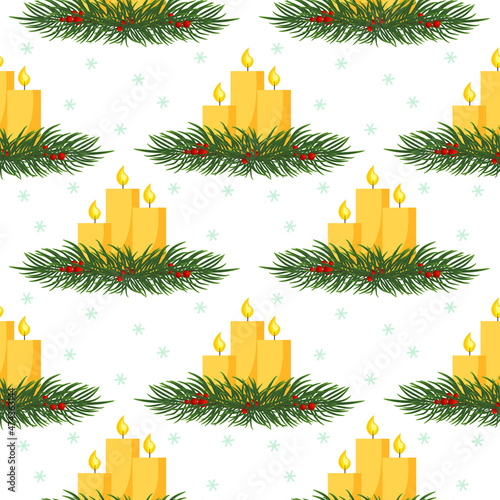 Seamless Christmas background with Christmas candles in fir branches