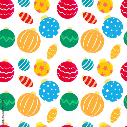 Seamless Christmas background with bright Christmas tree toys of different colors and designs