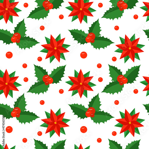 Seamless Christmas background with poinsettia Christmas flower and holly