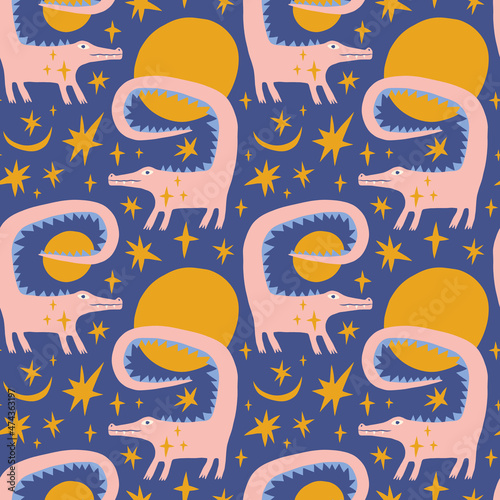 Alligators crocodiles childish cartoon groovy boho illustration naive funky handdrawn style art seamless pattern vector