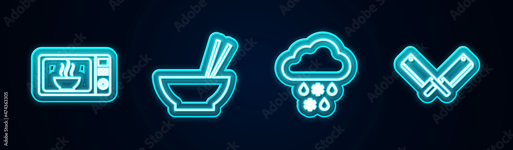Set line Microwave oven, Bowl with chopsticks, Cloud snow and rain and Crossed meat chopper. Glowing neon icon. Vector Set line Microwave oven, Bowl with chopsticks, Cloud snow and rain and Crossed meat chopper. Glowing neon icon. Vector