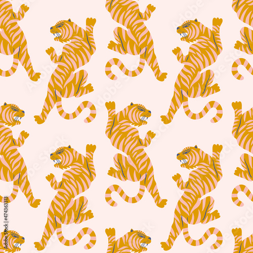 Asian tigers childish cartoon groovy boho illustration naive funky handdrawn style art seamless pattern vector