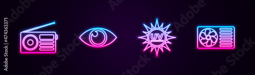 Set line Radio, Eye, UV protection and Air conditioner. Glowing neon icon. Vector