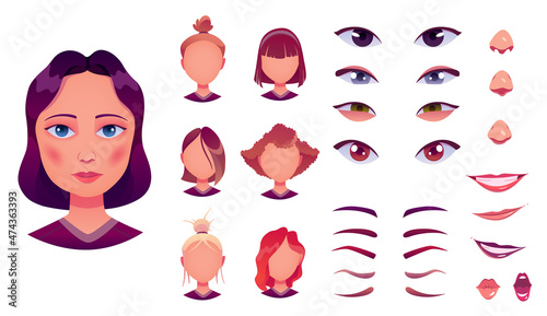 Girl face construction, avatar creation with different head parts. Vector cartoon set of young woman or female eyes, noses, brows and lips. Head pack for face generator isolated on white background
