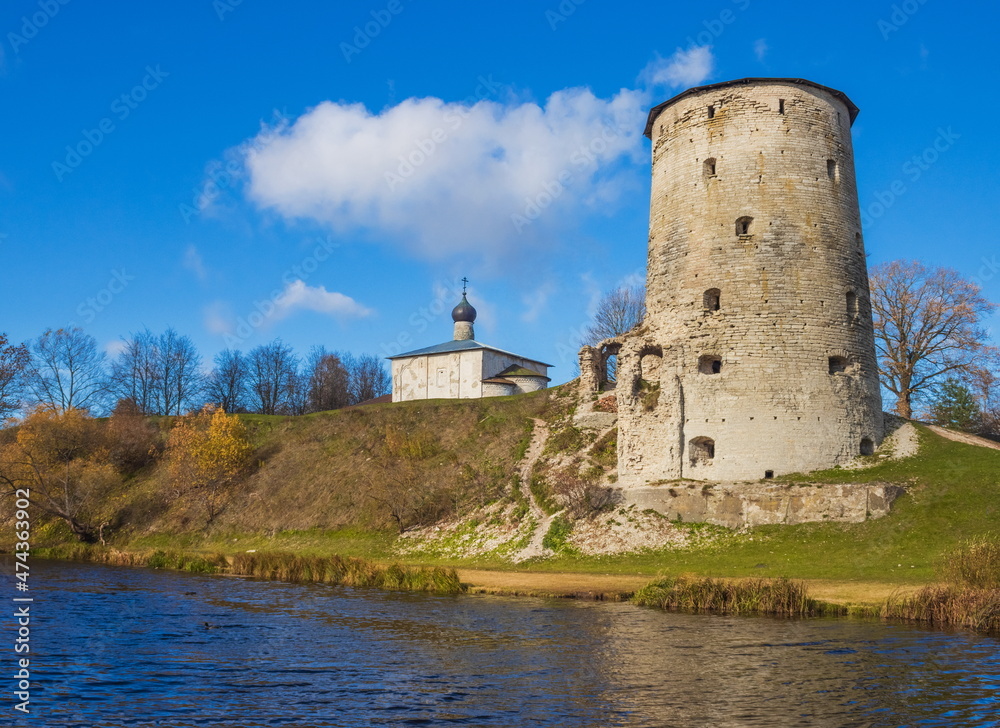 The ancient Kremlin of the city of Pskov on the Velikaya River. Russia.