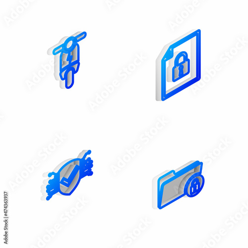 Set Isometric line Document and lock  Electric scooter  Cyber security and Folder icon. Vector