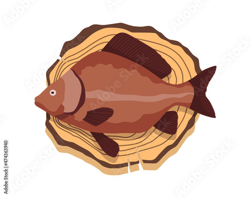 Fish on wooden board. Kitchen cutting board with healthy meal meat. Foodstuff in cartoon style. Concept organic wild river or ocean food