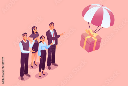 Vector of a team of businesspeople looking at a gift box flying down on parachute