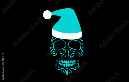 Skull Santa Claus blue color with ornament details, Christmas black background 