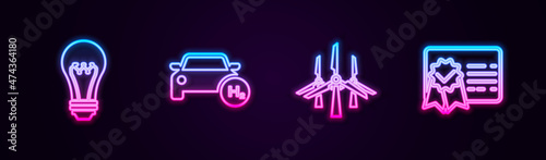 Set line Light bulb, Hydrogen car, Wind turbines and Certificate template. Glowing neon icon. Vector