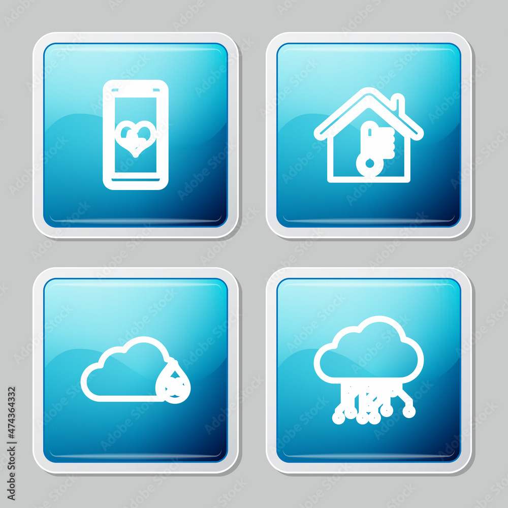 Set line Mobile with heart rate, House temperature, Humidity and Internet of things icon. Vector Set line Mobile with heart rate, House temperature, Humidity and Internet of things icon. Vector