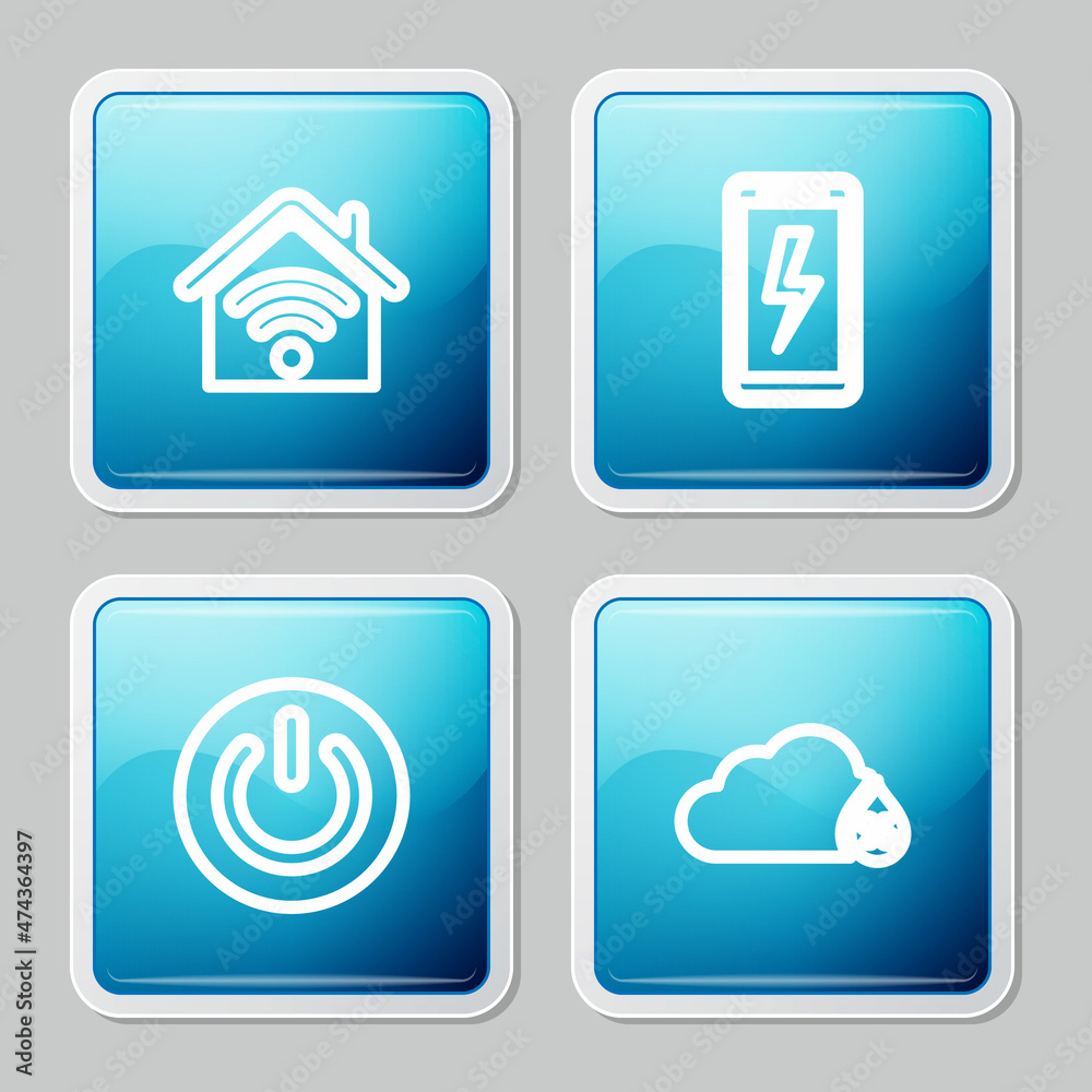 Set line Smart home with wi-fi, Mobile charging battery, Power button and Humidity icon. Vector Set line Smart home with wi-fi, Mobile charging battery, Power button and Humidity icon. Vector