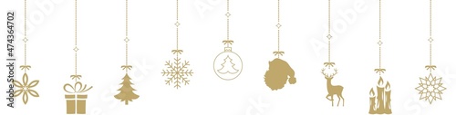 Nahtloses Weihnachtsornament vektor in Gold mit Christbaumschmuck.
Hängende goldene Weihnachtsdekoration auf einem weißen Hintergrund.