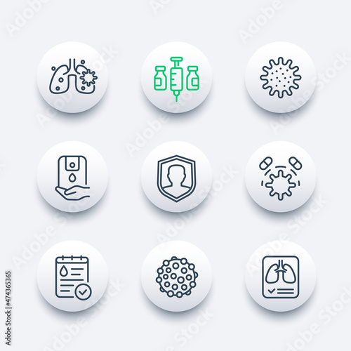virus, covid 19 and pneumonia line icons set