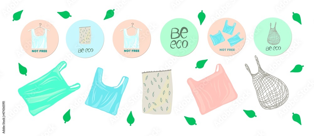 paid disposable packages to supermarkets, plastic bags, balls for vegetables, cereals and candies. Eco activity. Environmental protection. Vector illustration on the theme of smart consumption and eco