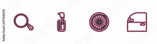 Set line Car mirror, wheel, Gear shifter and door icon. Vector